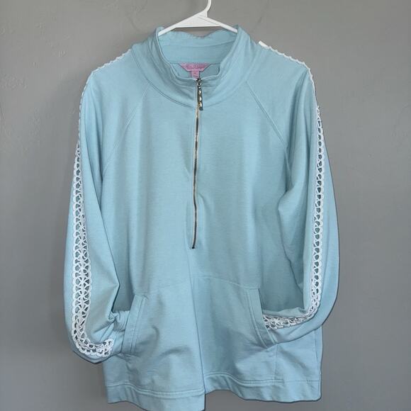 Lilly Pulitzer Light aqua Blue popover Sweatshirt with Lace Detail XL - Picture 3 of 7